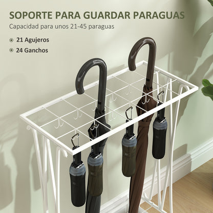 Modern Rectangular Umbrella Stand Steel Umbrella Holder with 24 Hooks 21 Spaces and Removable Drip Tray Umbrella Stand for Entryway Office 50x24x68 cm White