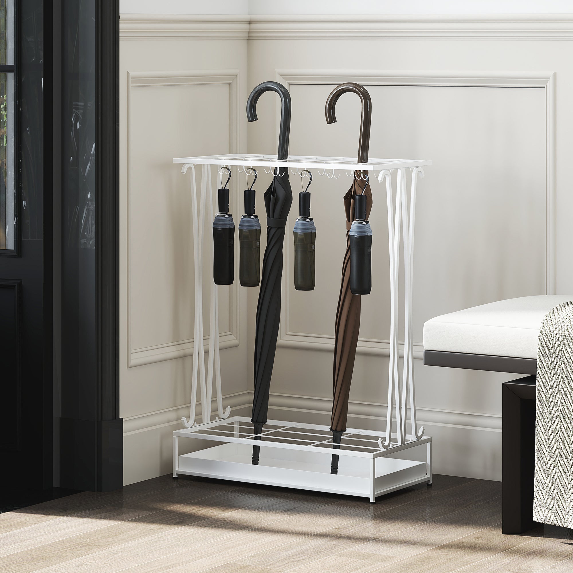 Modern Rectangular Umbrella Stand Steel Umbrella Holder with 24 Hooks 21 Spaces and Removable Drip Tray Umbrella Stand for Entryway Office 50x24x68 cm White