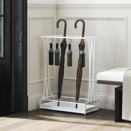 Modern Rectangular Umbrella Stand Steel Umbrella Holder with 24 Hooks 21 Spaces and Removable Drip Tray Umbrella Stand for Entryway Office 50x24x68 cm White