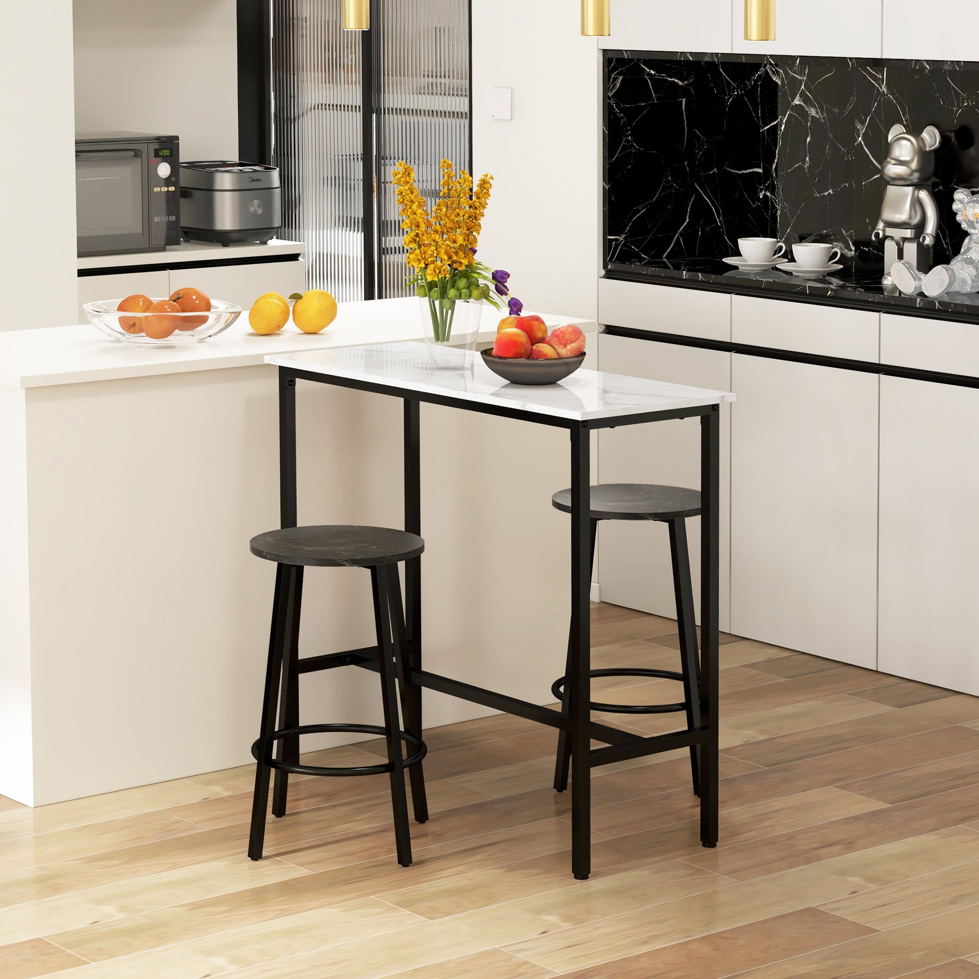 Bar Table with Bar Stool Set, 3-Piece Bar Table Set, Dining Table with 2 Bar Stools, Dining Group, Bar Table, Kitchen Table for Dining Room, Steel, White, Black