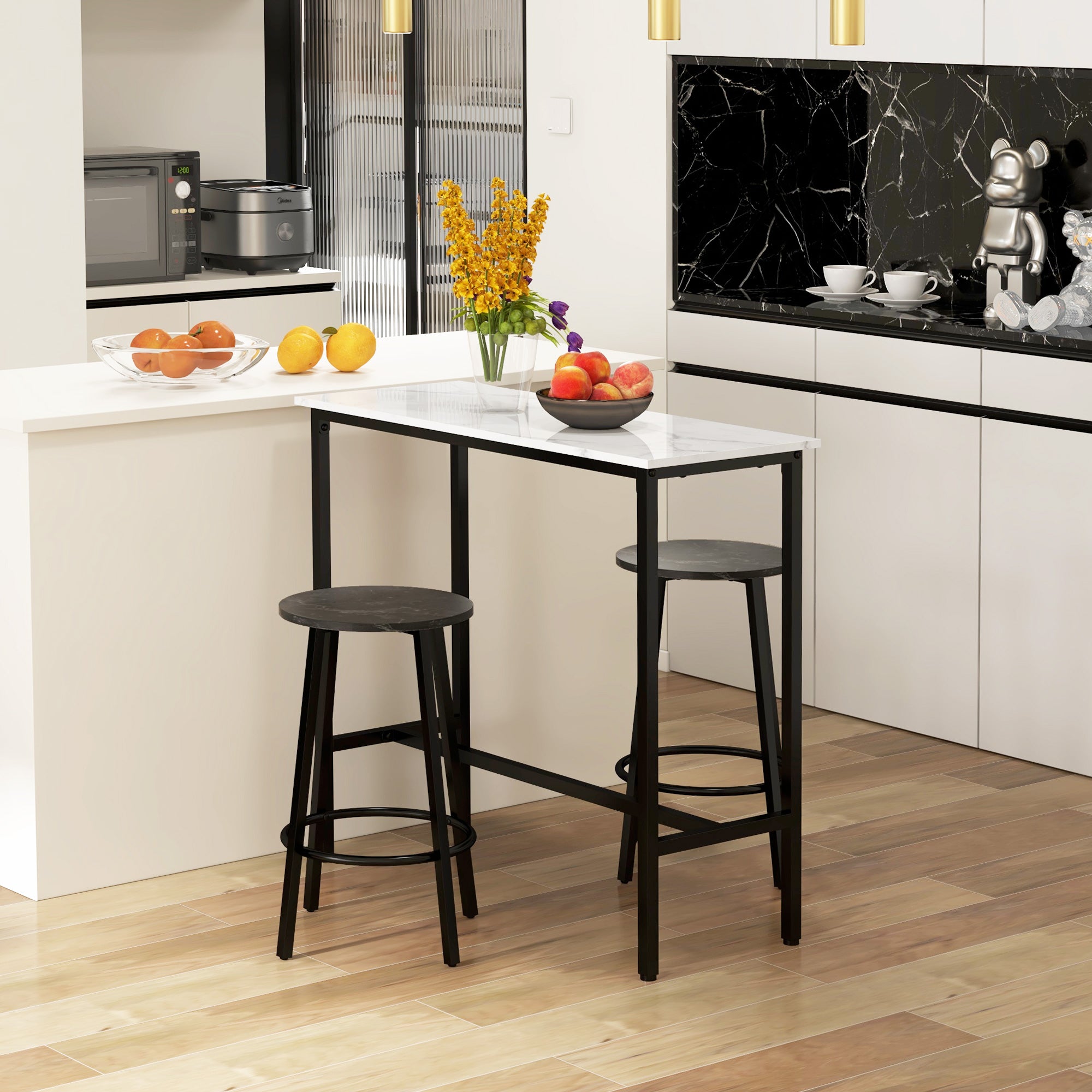 Bar Table with Bar Stool Set, 3-Piece Bar Table Set, Dining Table with 2 Bar Stools, Dining Group, Bar Table, Kitchen Table for Dining Room, Steel, White, Black