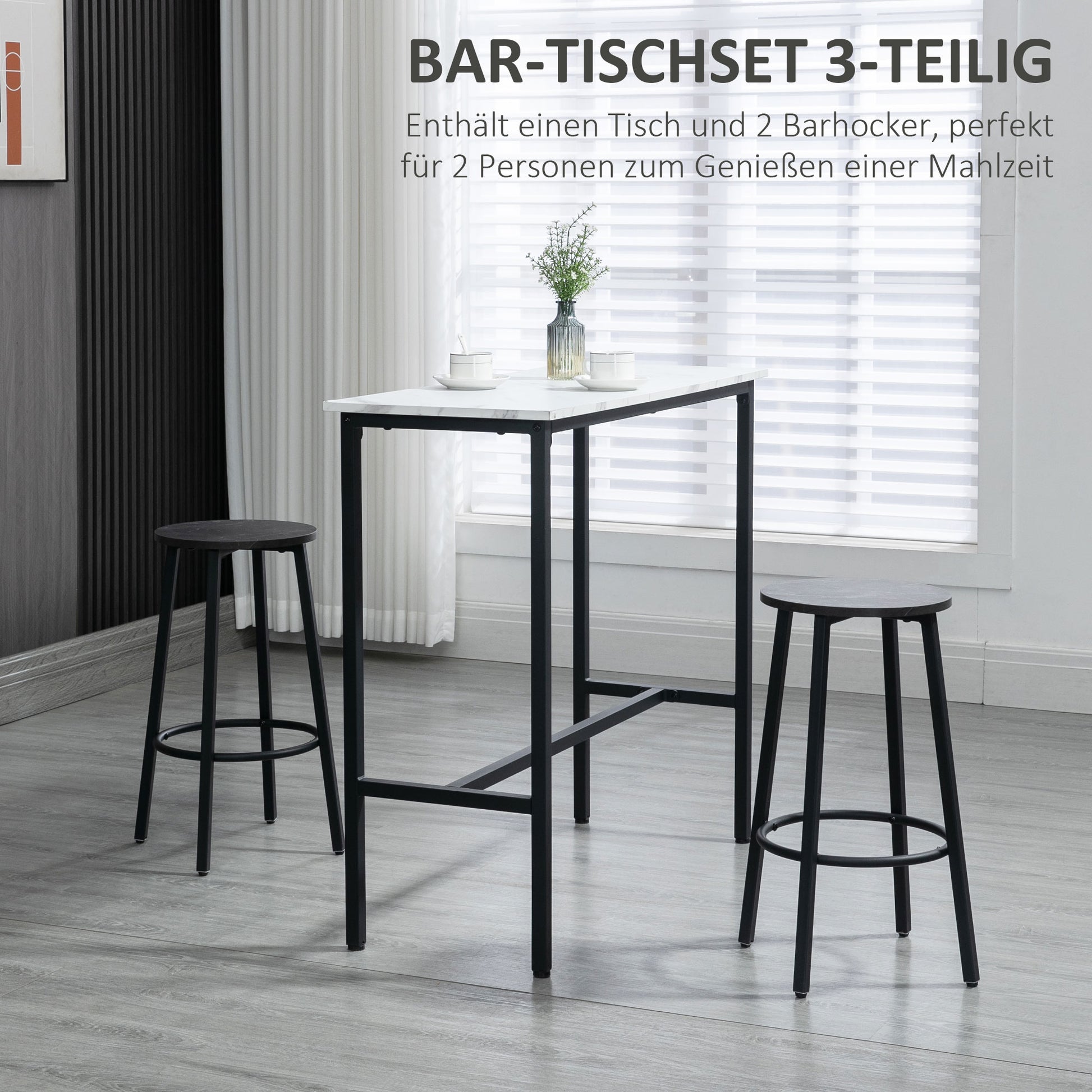 Bar Table with Bar Stool Set, 3-Piece Bar Table Set, Dining Table with 2 Bar Stools, Dining Group, Bar Table, Kitchen Table for Dining Room, Steel, White, Black