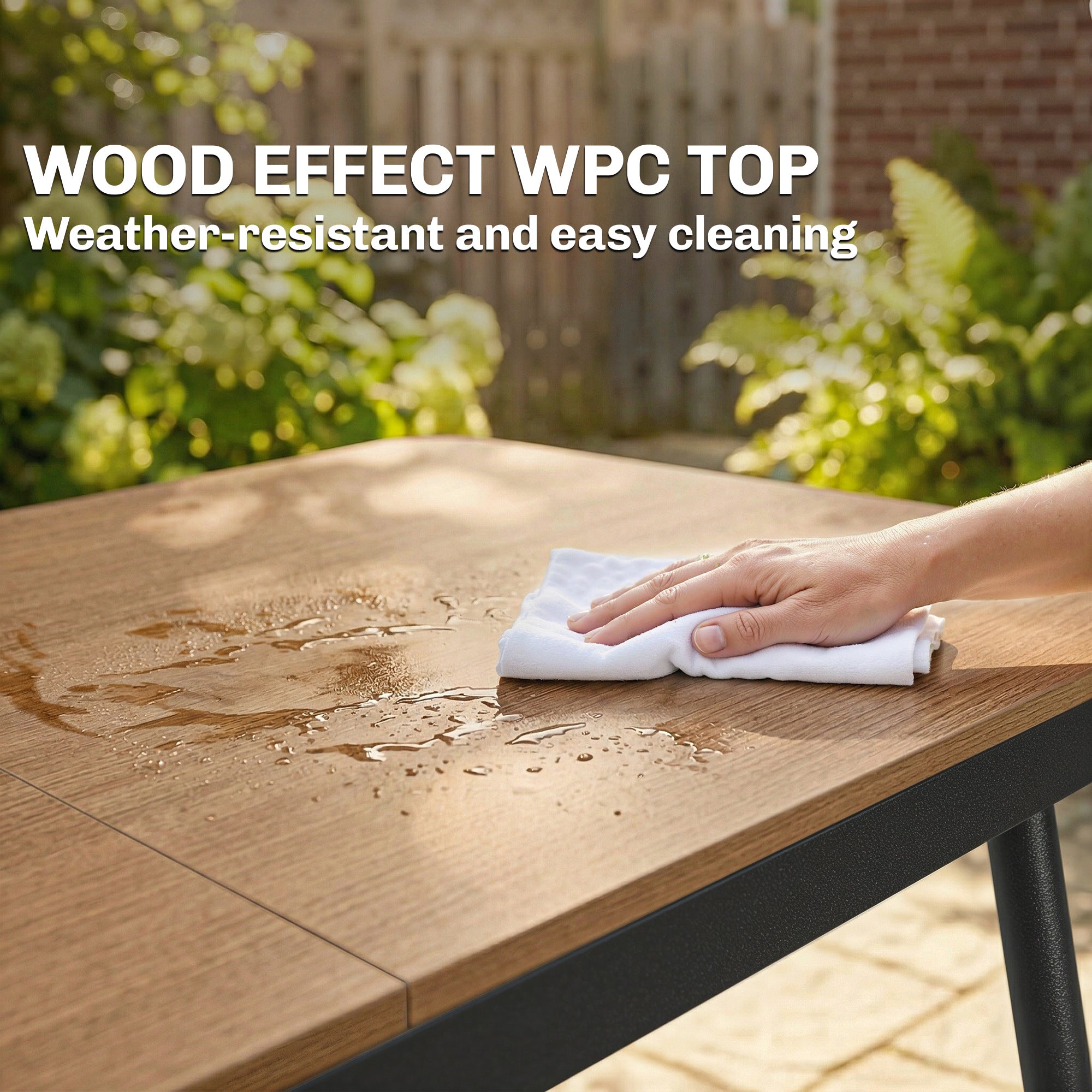 55.1 x 31.5 in Outdoor Dining Table for 6 – Weather-Resistant WPC Wood-Look Top, Rust-Resistant Metal Frame, Adjustable Feet, Rectangular Patio/Balcony Table (Teak)