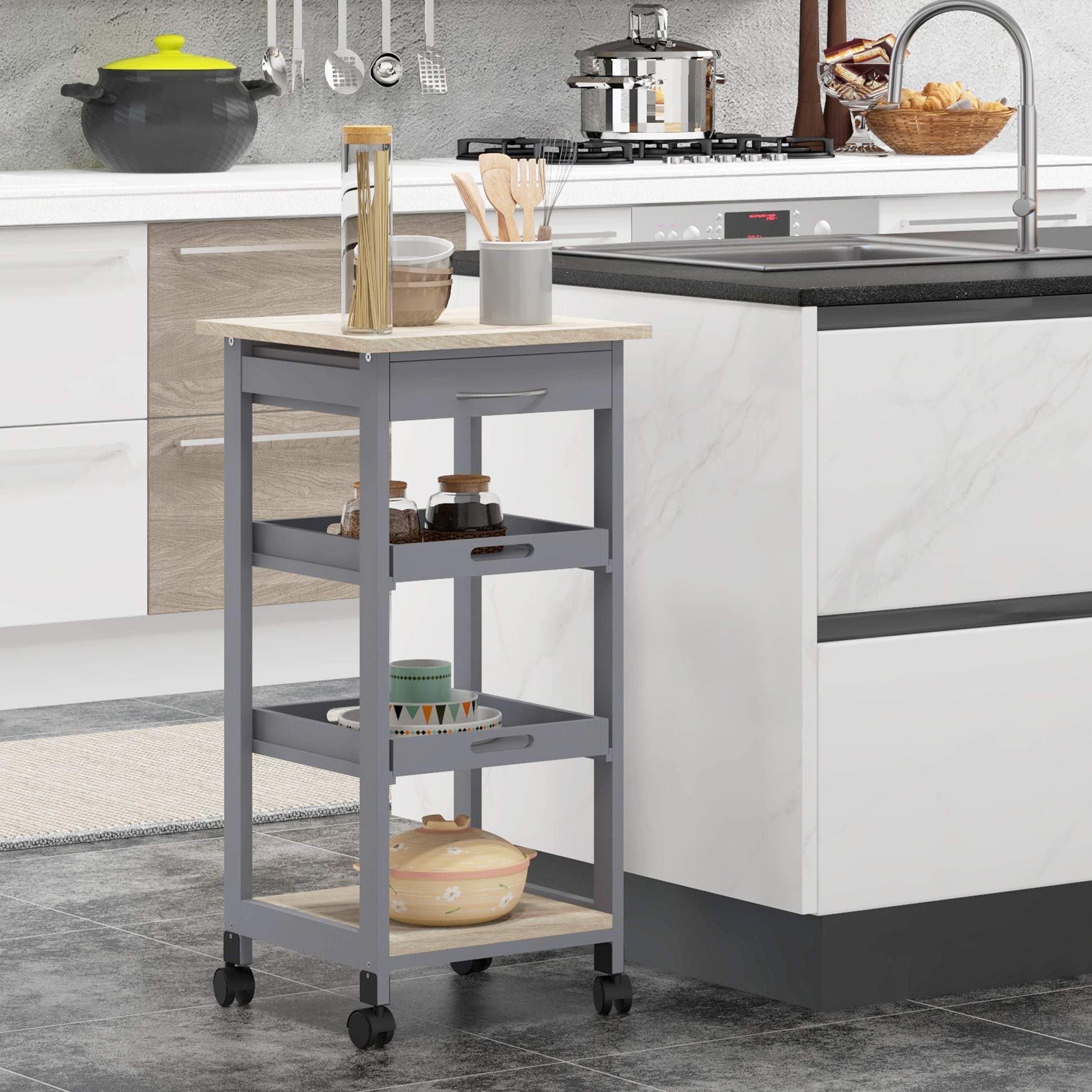 Kitchen Trolley Service Cart with Wheels 2 Removable Trays, Drawer, Shelf Light Oak Pine Wood Gray