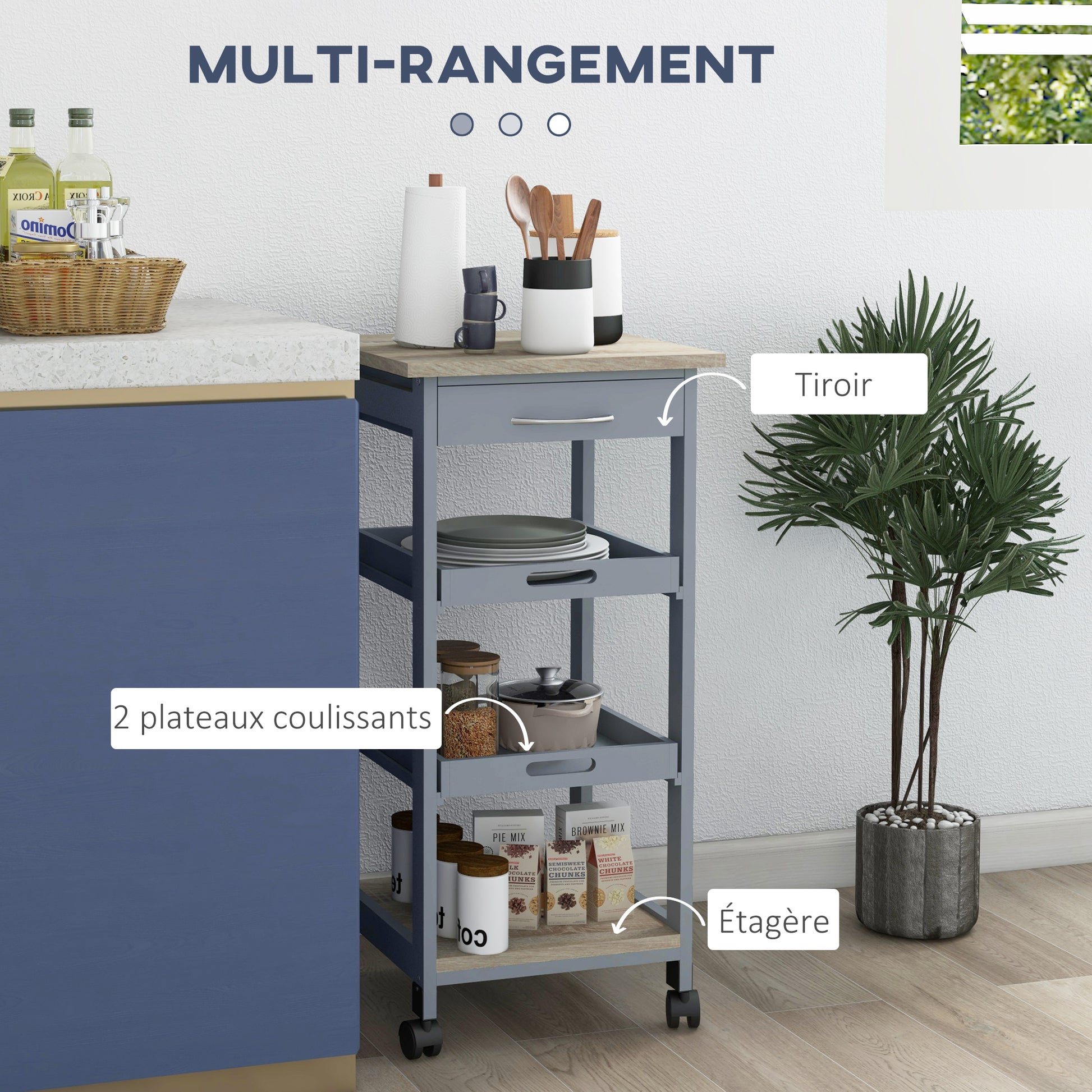 Kitchen Trolley Service Cart with Wheels 2 Removable Trays, Drawer, Shelf Light Oak Pine Wood Gray
