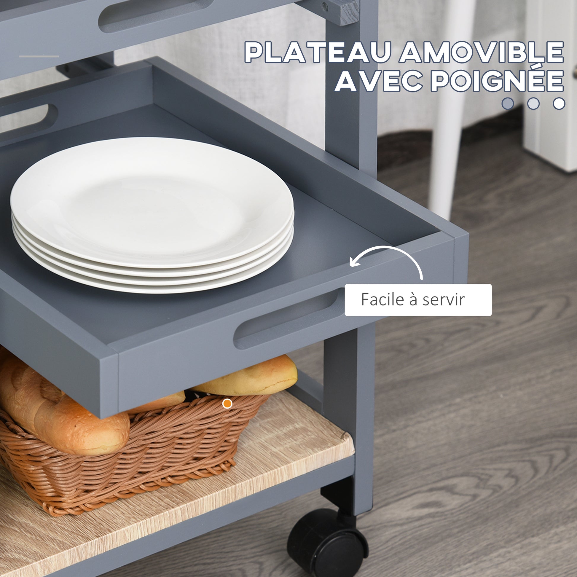 Kitchen Trolley Service Cart with Wheels 2 Removable Trays, Drawer, Shelf Light Oak Pine Wood Gray