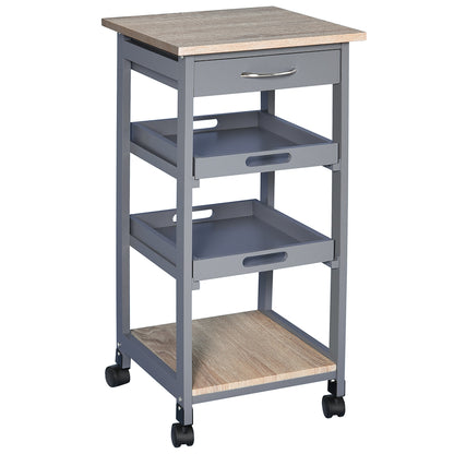 Kitchen Trolley Service Cart with Wheels 2 Removable Trays, Drawer, Shelf Light Oak Pine Wood Gray