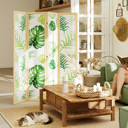 4-Panel Folding Room Divider, 63 x 67 in — Pine Frame Privacy Screen with Palm Leaf Print, Free-Standing Partition (Natural Wood & Green)