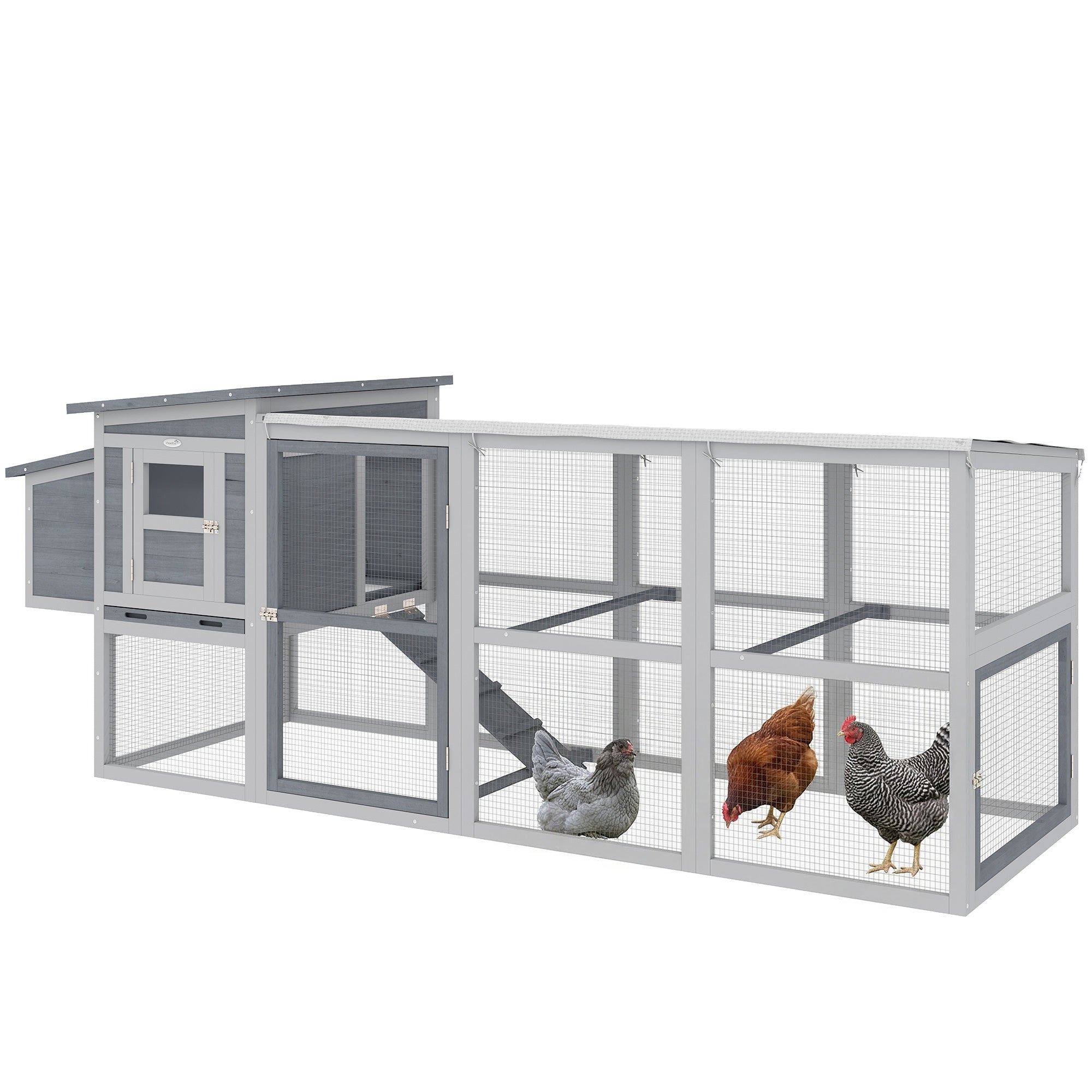 Wooden Chicken Coop with Run for 3–4 Hens, 104 x 32 x 35 in (264 x 82 x 89 cm) — Asphalt Roof, Oxford Cover, Nest Box, Perches, Pull-Out Tray — Gray