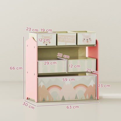 ZONEKIZ Kids Bookcase — Toy Organizer with 6 Removable Non-Woven Fabric Bins, Pink, 63 x 30 x 66 cm (24.8 x 11.8 x 26.0 in)
