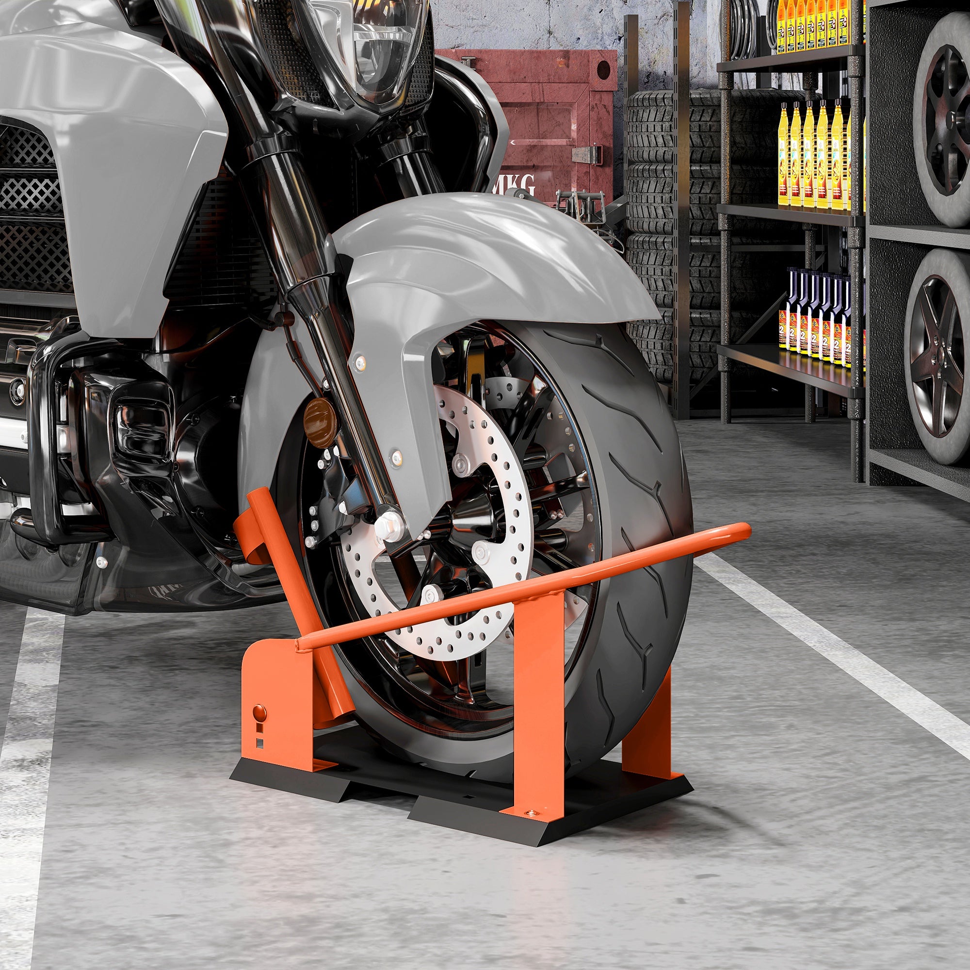 Motorcycle Front Wheel Chock, Adjustable for 15–21 in Wheels, Fits 3–8 in Tire Width, 1,800 lb Capacity, Steel Mounting Stand, Orange