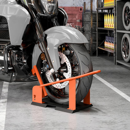 Motorcycle Front Wheel Chock, Adjustable for 15–21 in Wheels, Fits 3–8 in Tire Width, 1,800 lb Capacity, Steel Mounting Stand, Orange