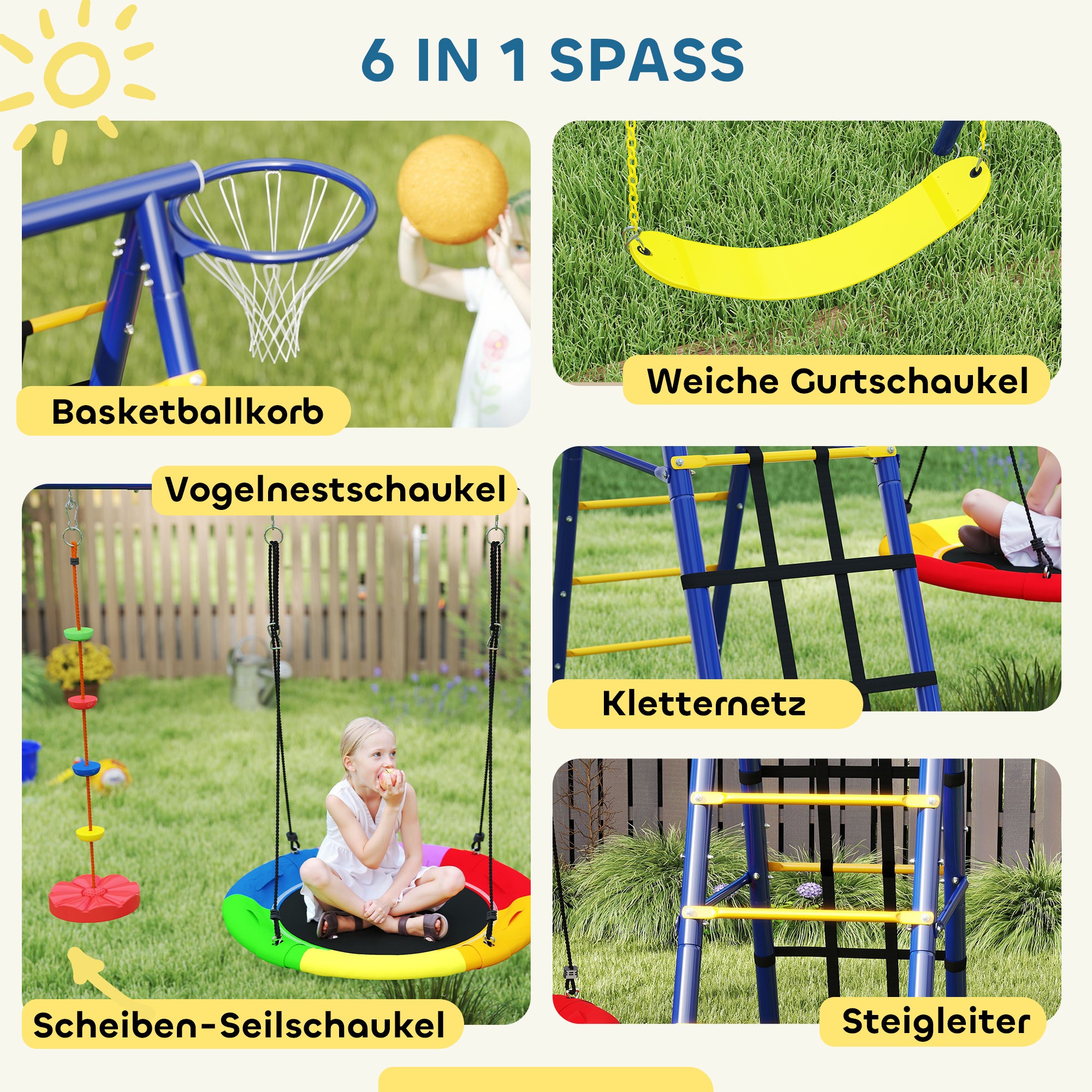 Children's Swing Set 6 in 1 Swing Frame made of Steel with Belt Swing, Nest Swing, Disc Swing, Climbing Net, Climbing Ladder, and Basketball Hoop for Children 3-8 Years