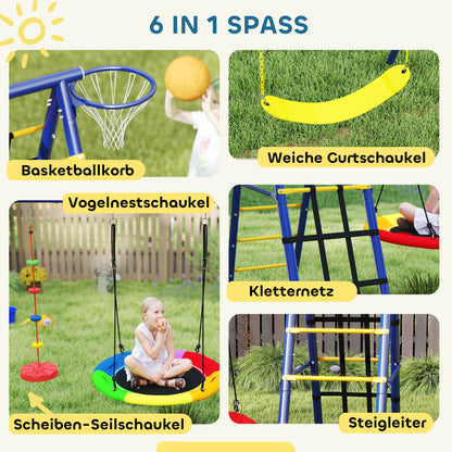 Children's Swing Set 6 in 1 Swing Frame made of Steel with Belt Swing, Nest Swing, Disc Swing, Climbing Net, Climbing Ladder, and Basketball Hoop for Children 3-8 Years