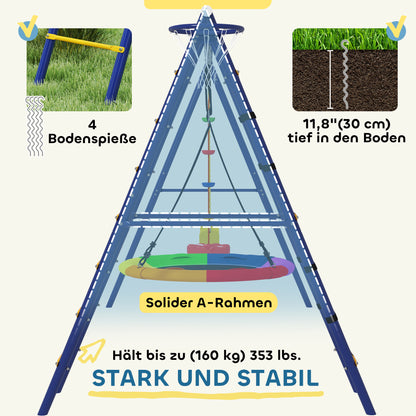Children's Swing Set 6 in 1 Swing Frame made of Steel with Belt Swing, Nest Swing, Disc Swing, Climbing Net, Climbing Ladder, and Basketball Hoop for Children 3-8 Years