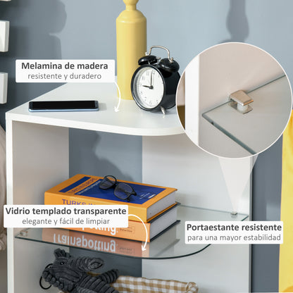 Modern Living Room Side Table Bedside Table with 3 Shelves Glass Top Coffee Table for Living Room Bedroom 40x40x56 cm White