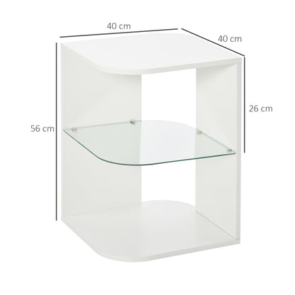 Modern Living Room Side Table Bedside Table with 3 Shelves Glass Top Coffee Table for Living Room Bedroom 40x40x56 cm White