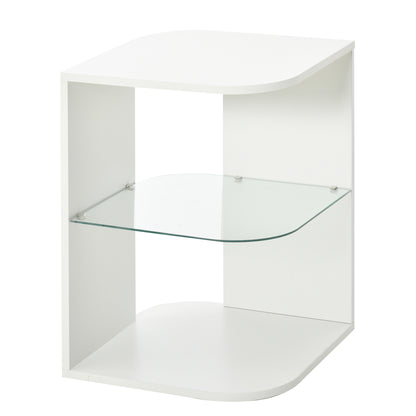 Modern Living Room Side Table Bedside Table with 3 Shelves Glass Top Coffee Table for Living Room Bedroom 40x40x56 cm White