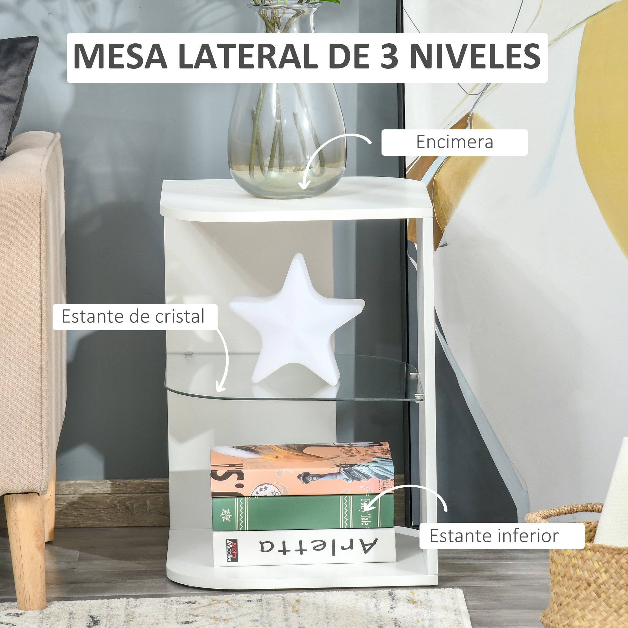 Modern Living Room Side Table Bedside Table with 3 Shelves Glass Top Coffee Table for Living Room Bedroom 40x40x56 cm White