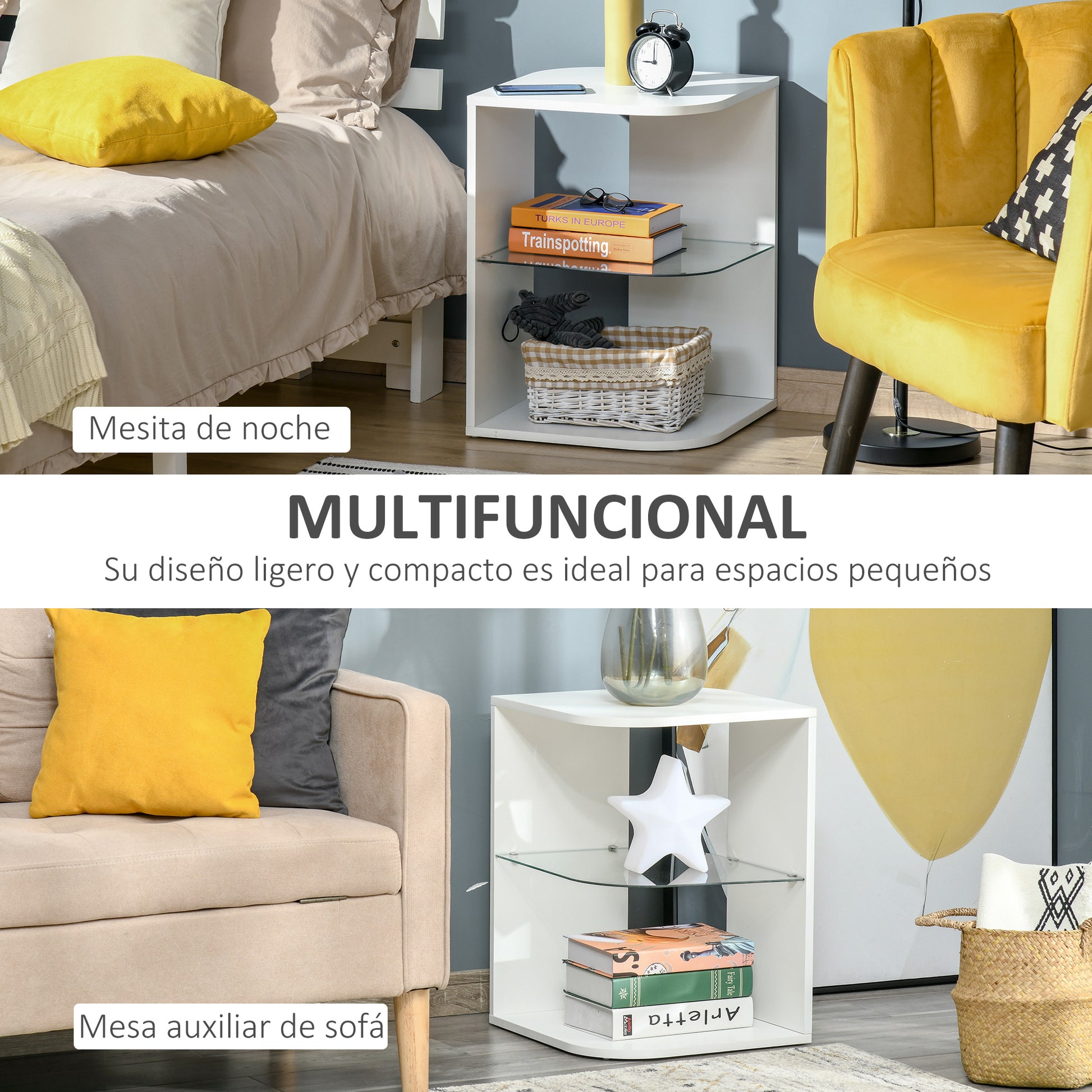 Modern Living Room Side Table Bedside Table with 3 Shelves Glass Top Coffee Table for Living Room Bedroom 40x40x56 cm White