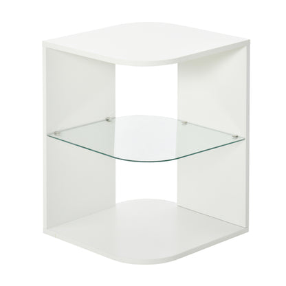Modern Living Room Side Table Bedside Table with 3 Shelves Glass Top Coffee Table for Living Room Bedroom 40x40x56 cm White