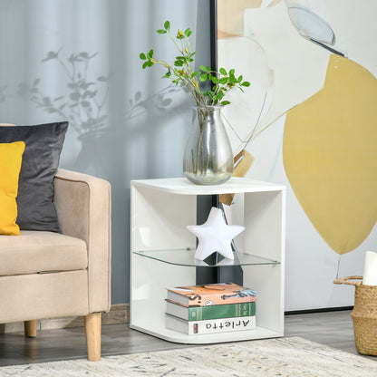 Modern Living Room Side Table Bedside Table with 3 Shelves Glass Top Coffee Table for Living Room Bedroom 40x40x56 cm White