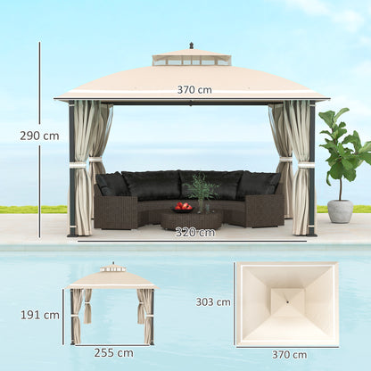 Garden Gazebo 3.7x3 m Pergola Gazebo with Double Ventilated Roof Side Walls Mosquito Nets Water Resistant Anti-UV Canopy for Outdoor Terrace Patio Beige