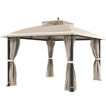 Garden Gazebo 3.7x3 m Pergola Gazebo with Double Ventilated Roof Side Walls Mosquito Nets Water Resistant Anti-UV Canopy for Outdoor Terrace Patio Beige