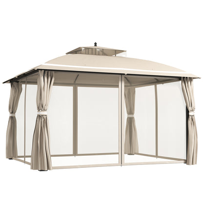 Garden Gazebo 3.7x3 m Pergola Gazebo with Double Ventilated Roof Side Walls Mosquito Nets Water Resistant Anti-UV Canopy for Outdoor Terrace Patio Beige