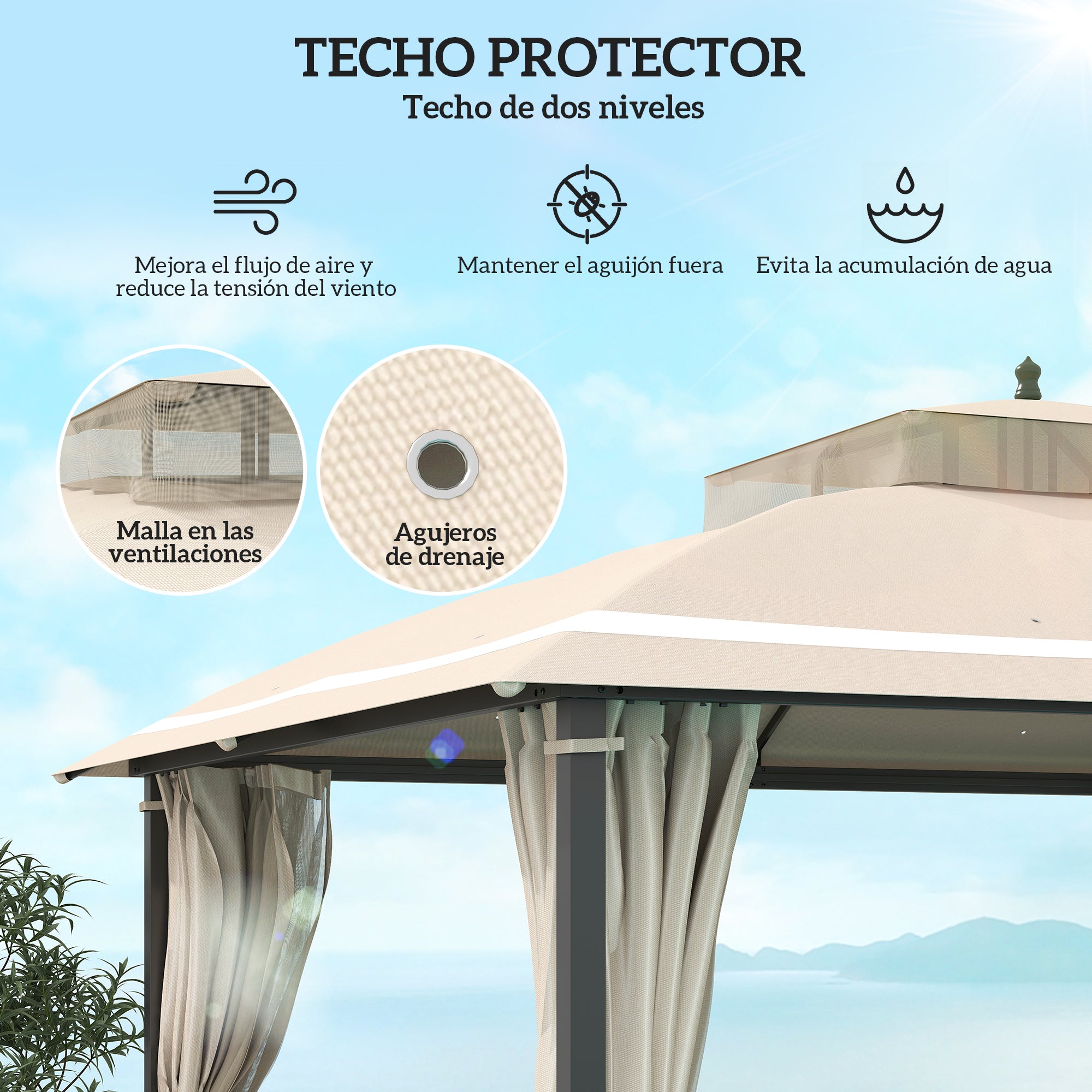 Garden Gazebo 3.7x3 m Pergola Gazebo with Double Ventilated Roof Side Walls Mosquito Nets Water Resistant Anti-UV Canopy for Outdoor Terrace Patio Beige