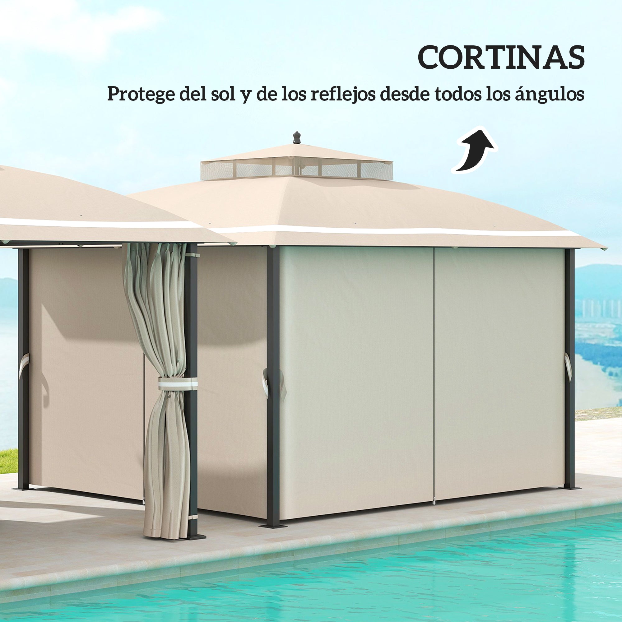 Garden Gazebo 3.7x3 m Pergola Gazebo with Double Ventilated Roof Side Walls Mosquito Nets Water Resistant Anti-UV Canopy for Outdoor Terrace Patio Beige