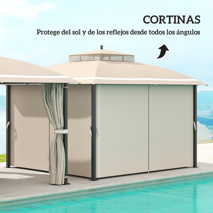 Garden Gazebo 3.7x3 m Pergola Gazebo with Double Ventilated Roof Side Walls Mosquito Nets Water Resistant Anti-UV Canopy for Outdoor Terrace Patio Beige