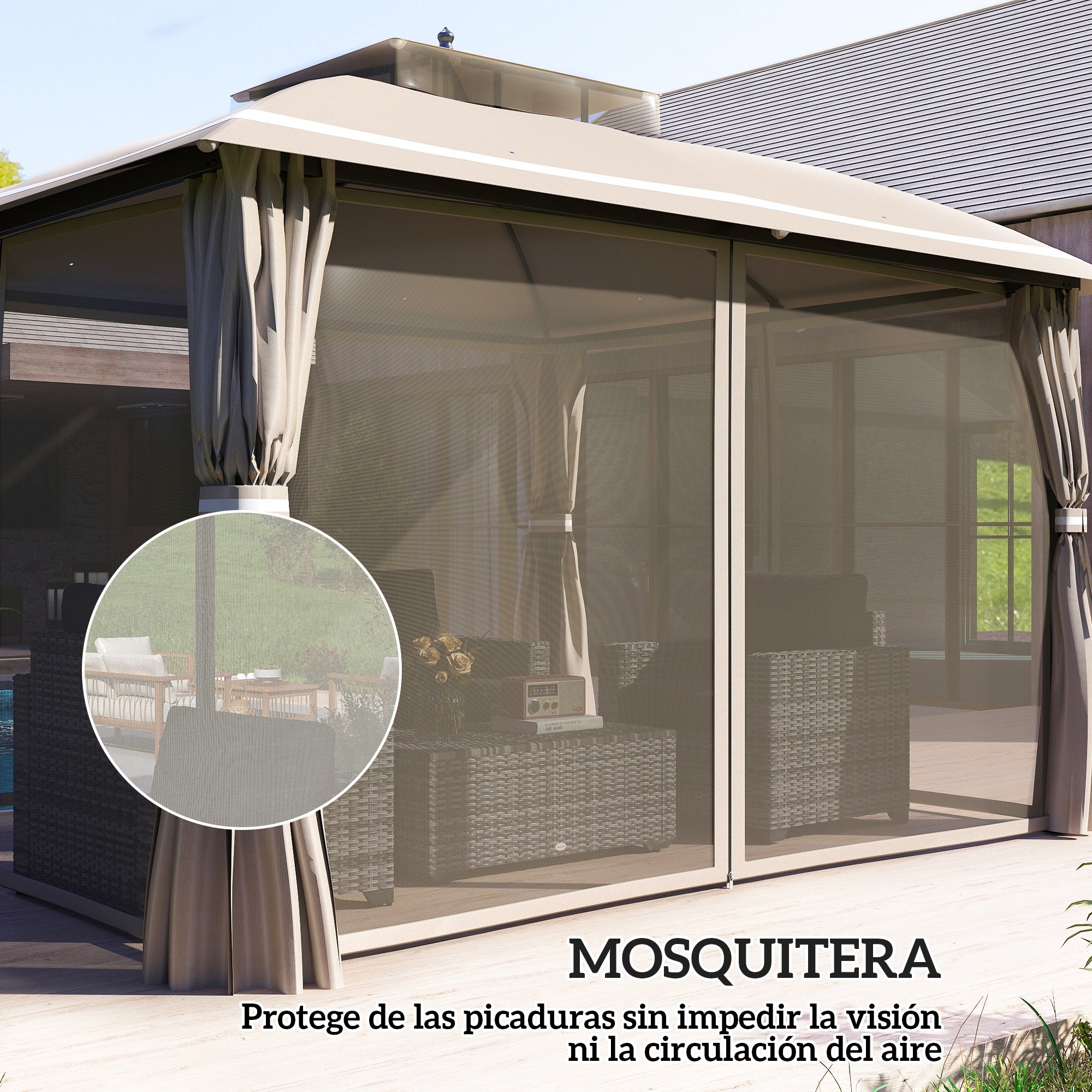 Garden Gazebo 3.7x3 m Pergola Gazebo with Double Ventilated Roof Side Walls Mosquito Nets Water Resistant Anti-UV Canopy for Outdoor Terrace Patio Beige
