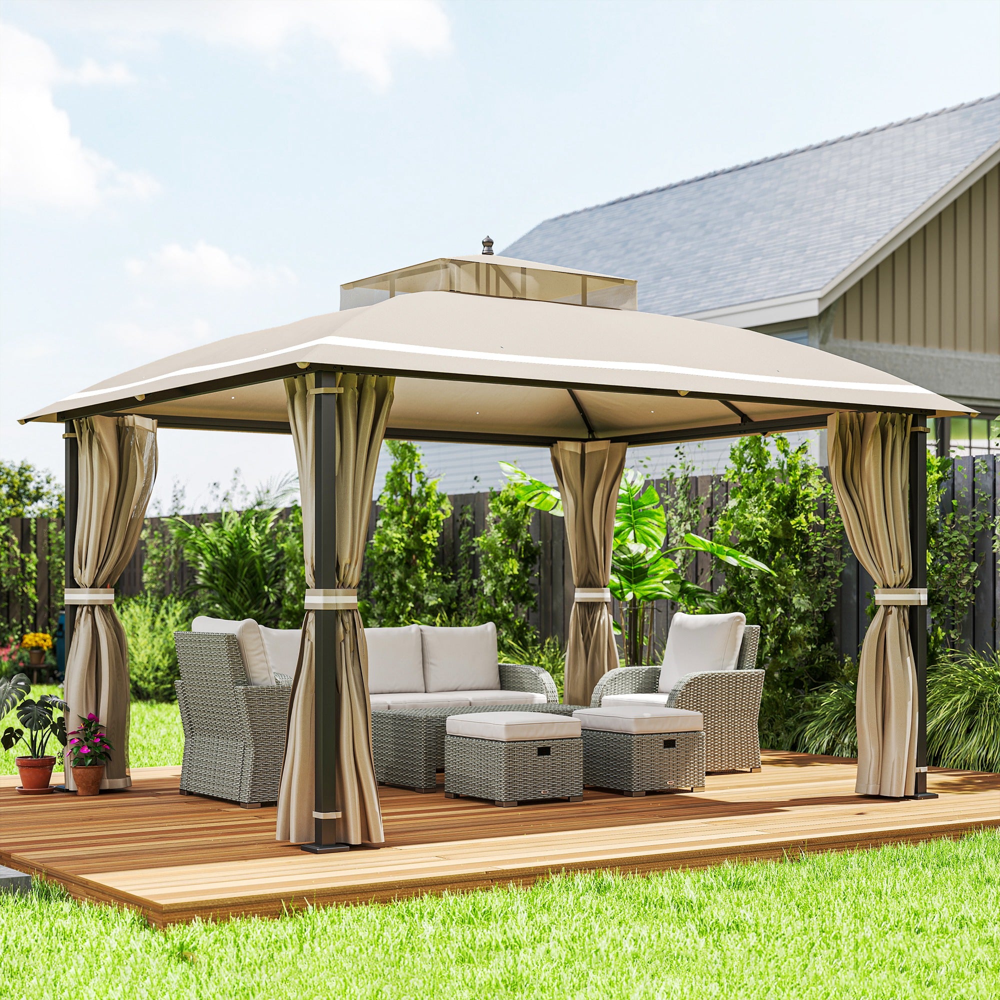 Garden Gazebo 3.7x3 m Pergola Gazebo with Double Ventilated Roof Side Walls Mosquito Nets Water Resistant Anti-UV Canopy for Outdoor Terrace Patio Beige