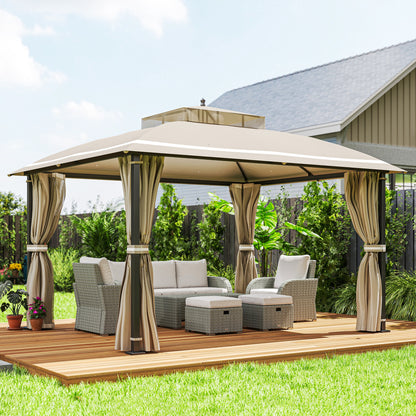 Garden Gazebo 3.7x3 m Pergola Gazebo with Double Ventilated Roof Side Walls Mosquito Nets Water Resistant Anti-UV Canopy for Outdoor Terrace Patio Beige