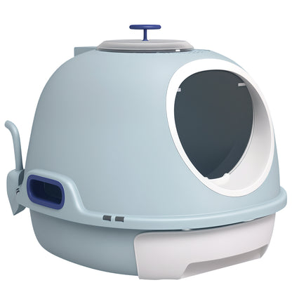 Cat Litter Box with Roof Window, Cat Toilet with Bottom Tray, with Shovel, Portable, PP ABS, See-Blue, 47 x 55 x 44 cm