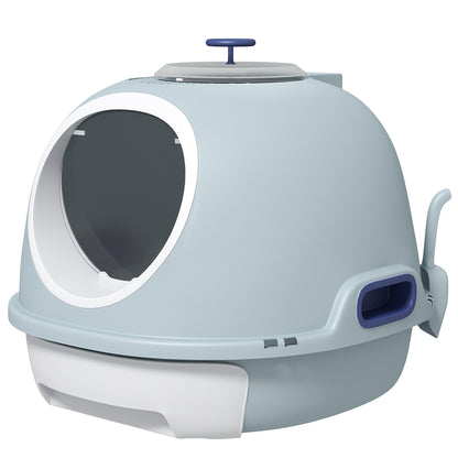 Cat Litter Box with Roof Window, Cat Toilet with Bottom Tray, with Shovel, Portable, PP ABS, See-Blue, 47 x 55 x 44 cm
