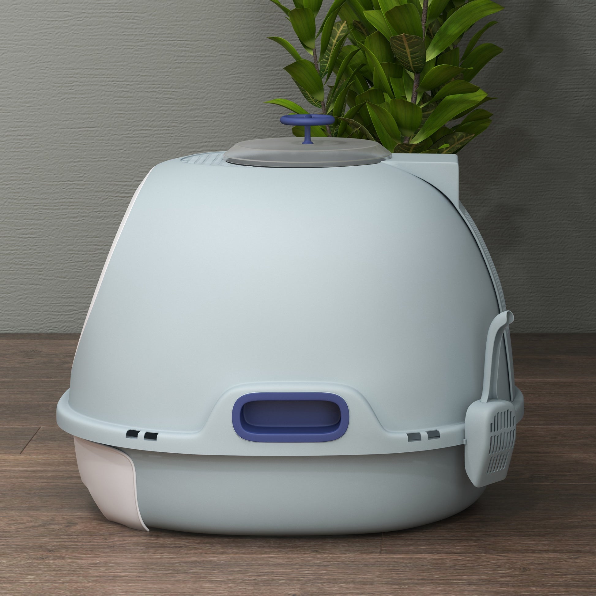 Cat Litter Box with Roof Window, Cat Toilet with Bottom Tray, with Shovel, Portable, PP ABS, See-Blue, 47 x 55 x 44 cm