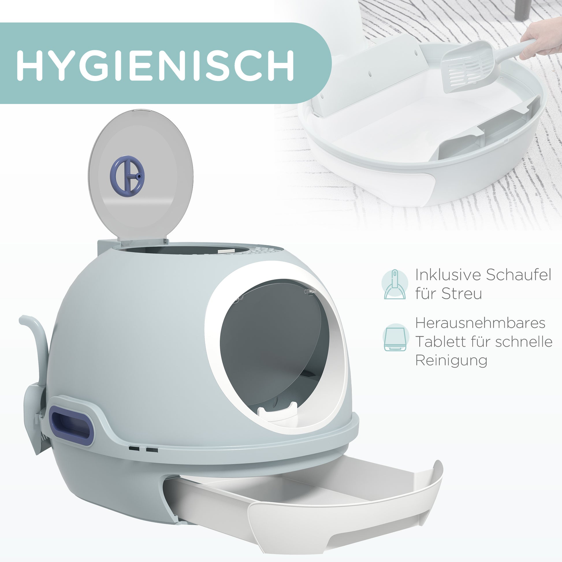 Cat Litter Box with Roof Window, Cat Toilet with Bottom Tray, with Shovel, Portable, PP ABS, See-Blue, 47 x 55 x 44 cm