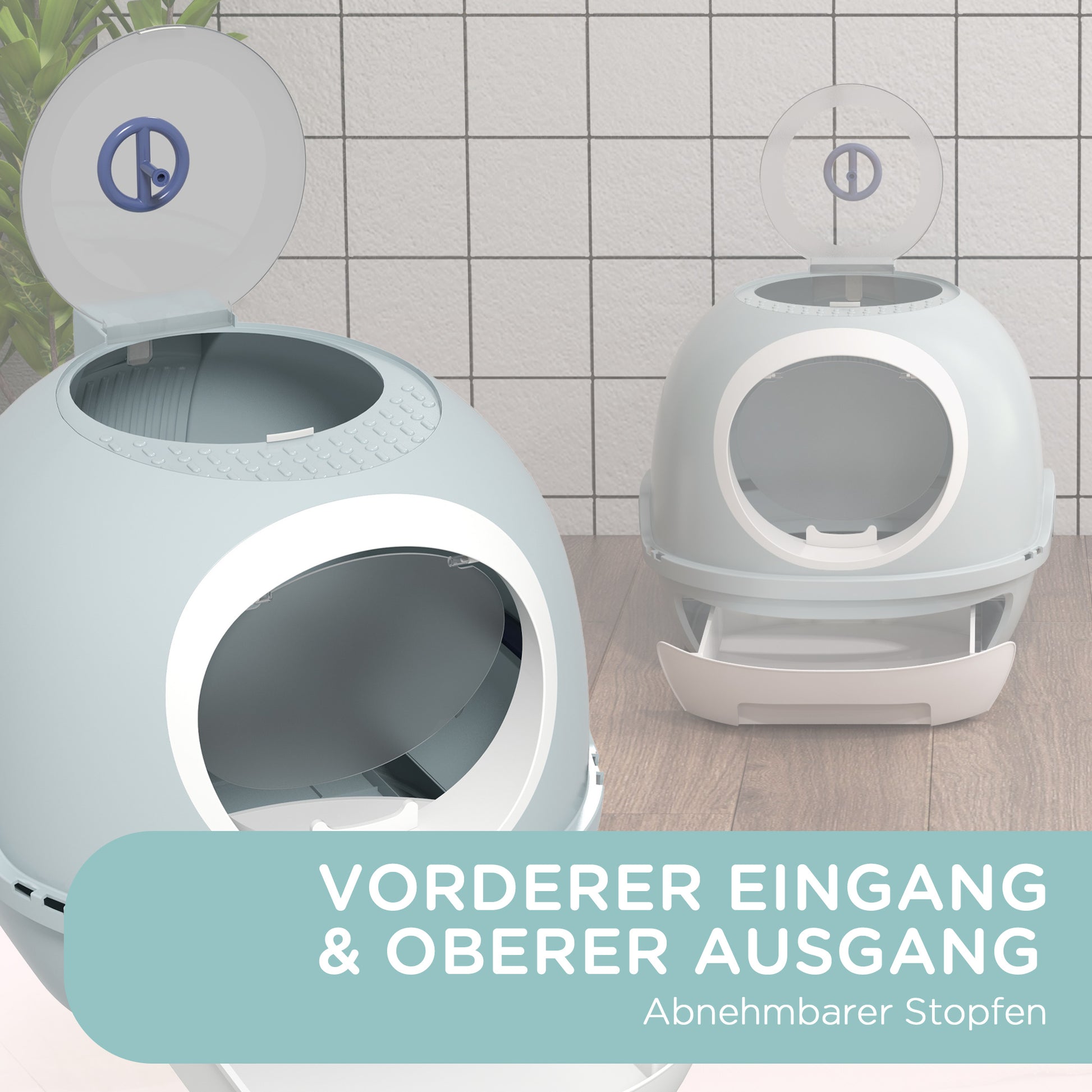 Cat Litter Box with Roof Window, Cat Toilet with Bottom Tray, with Shovel, Portable, PP ABS, See-Blue, 47 x 55 x 44 cm
