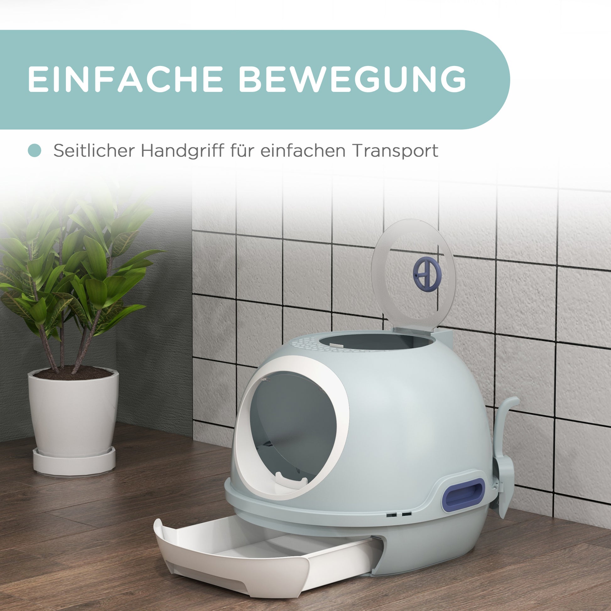Cat Litter Box with Roof Window, Cat Toilet with Bottom Tray, with Shovel, Portable, PP ABS, See-Blue, 47 x 55 x 44 cm
