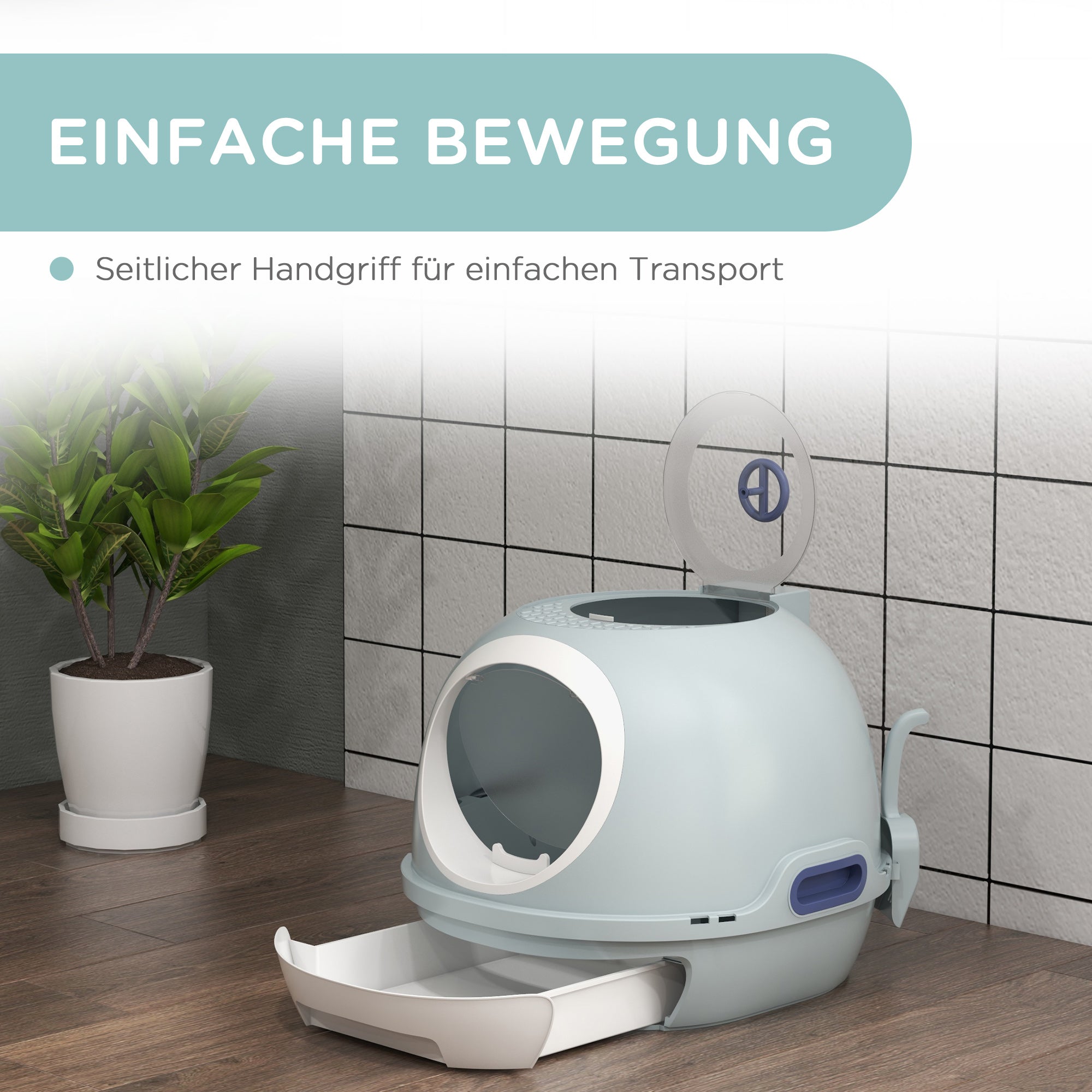 Cat Litter Box with Roof Window, Cat Toilet with Bottom Tray, with Shovel, Portable, PP ABS, See-Blue, 47 x 55 x 44 cm