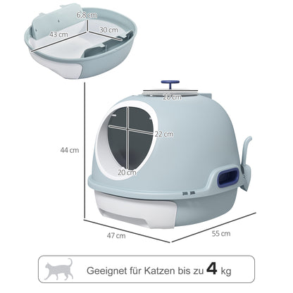 Cat Litter Box with Roof Window, Cat Toilet with Bottom Tray, with Shovel, Portable, PP ABS, See-Blue, 47 x 55 x 44 cm