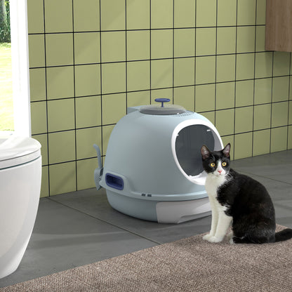 Cat Litter Box with Roof Window, Cat Toilet with Bottom Tray, with Shovel, Portable, PP ABS, See-Blue, 47 x 55 x 44 cm