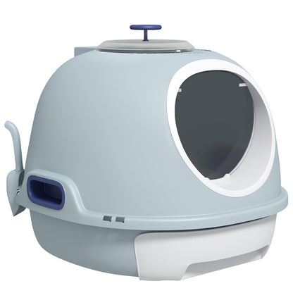 Cat Litter Box with Roof Window, Cat Toilet with Bottom Tray, with Shovel, Portable, PP ABS, See-Blue, 47 x 55 x 44 cm