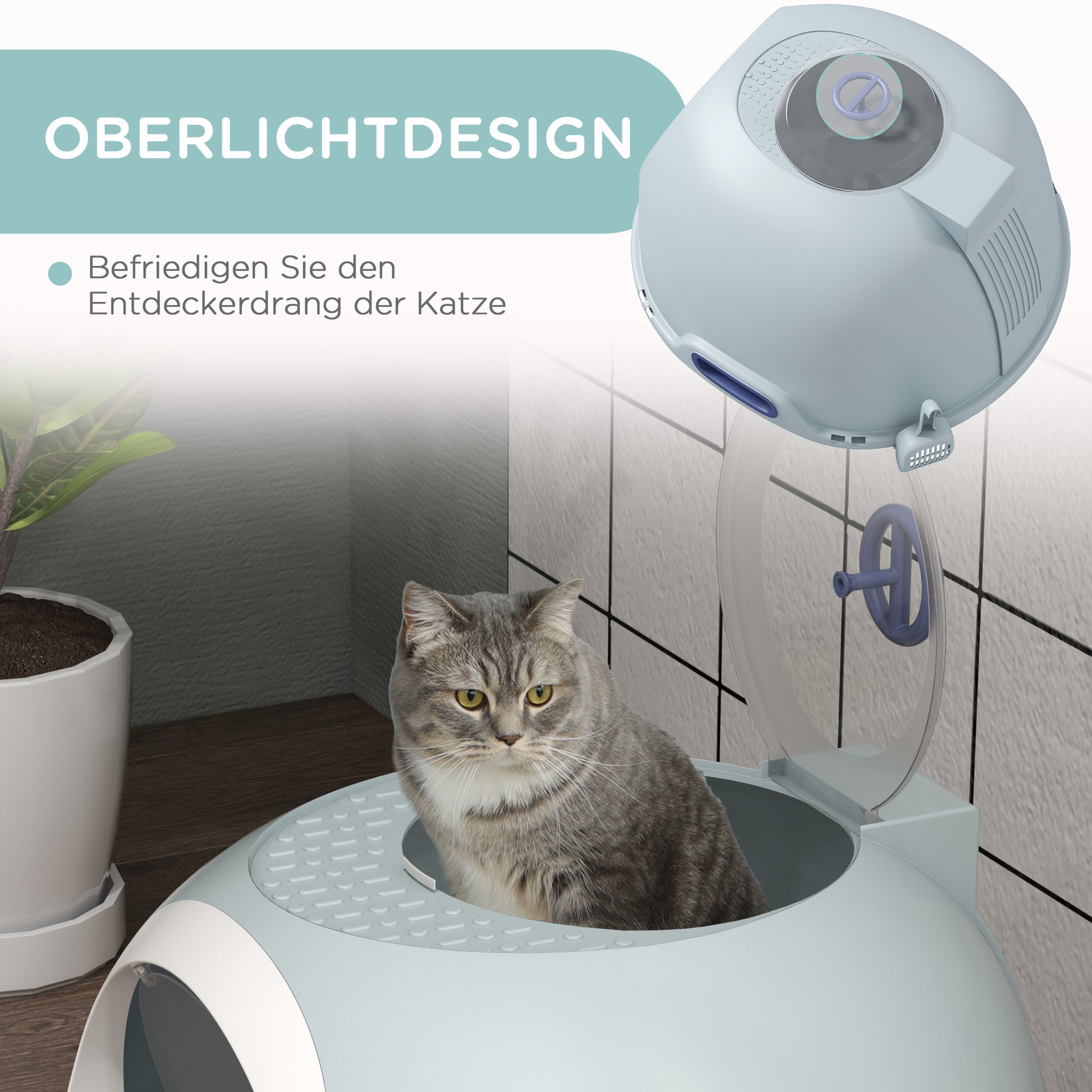 Cat Litter Box with Roof Window, Cat Toilet with Bottom Tray, with Shovel, Portable, PP ABS, See-Blue, 47 x 55 x 44 cm