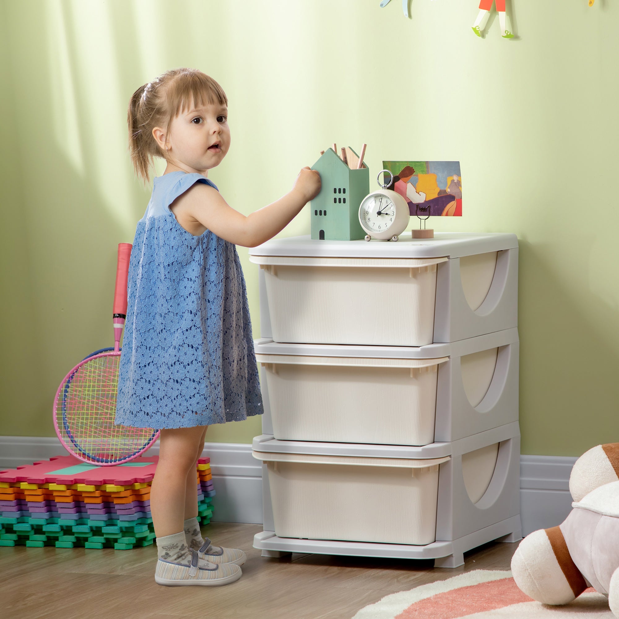 Drawer Cabinet for Kids with Storage Space Storage Boxes Toy Organizer Toy Chest Three Levels for Kids' Room 3-6 Years Children's Furniture Cream 37 x 37 x 56.5 cm