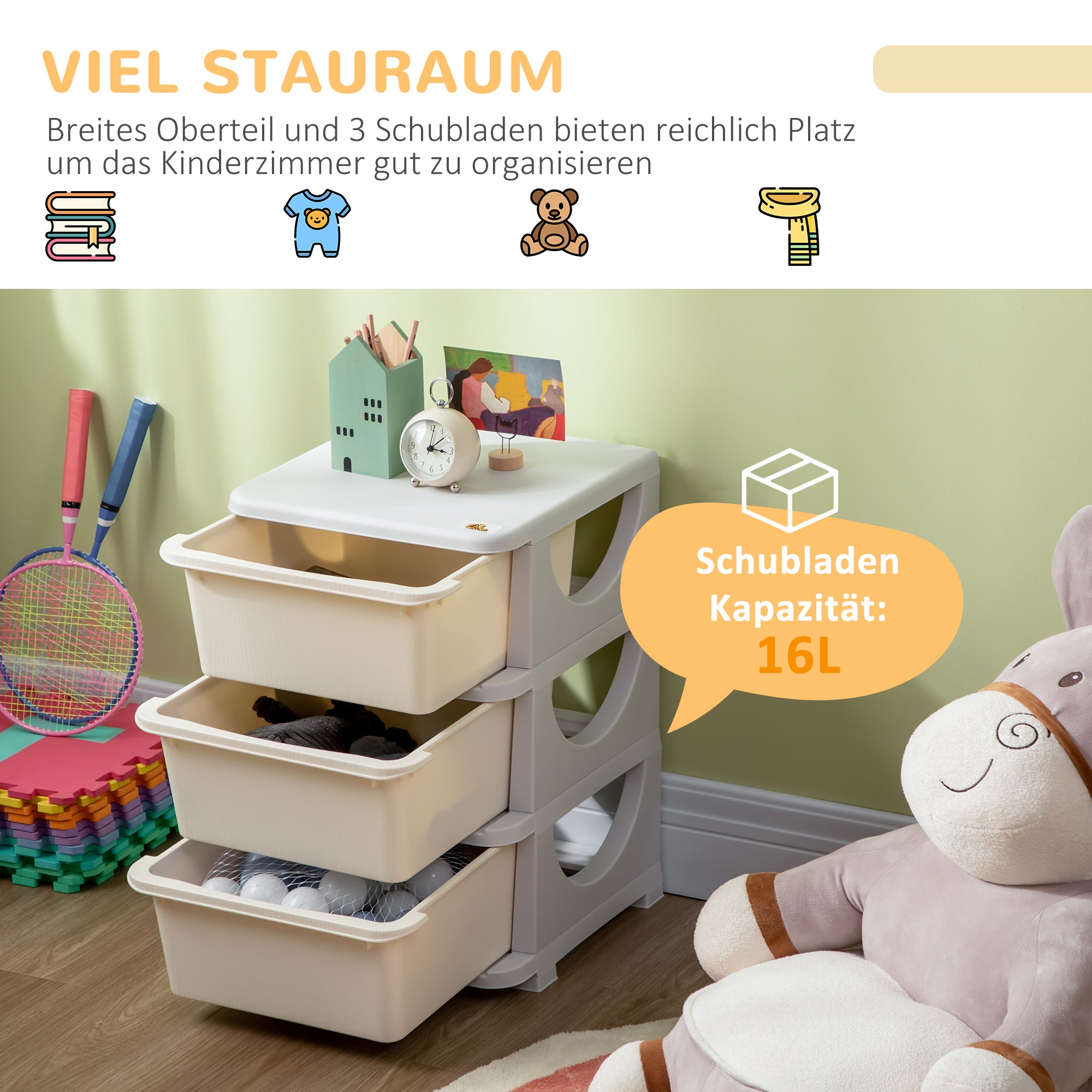Drawer Cabinet for Kids with Storage Space Storage Boxes Toy Organizer Toy Chest Three Levels for Kids' Room 3-6 Years Children's Furniture Cream 37 x 37 x 56.5 cm