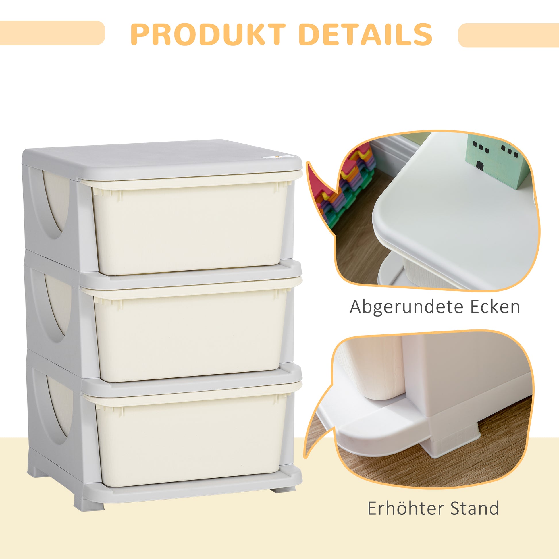 Drawer Cabinet for Kids with Storage Space Storage Boxes Toy Organizer Toy Chest Three Levels for Kids' Room 3-6 Years Children's Furniture Cream 37 x 37 x 56.5 cm