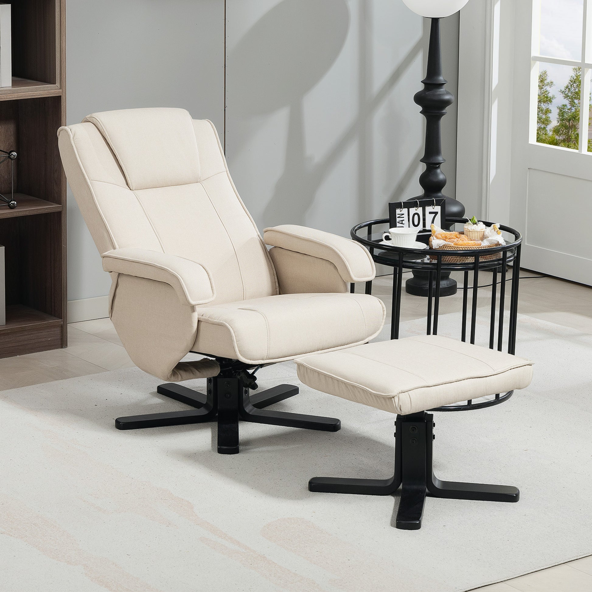 Reclining Armchair with Footrest Swivel Lounge Chair Upholstered in Linen with Wooden Base Rocking Function Armchair for Bedroom Living Room Beige